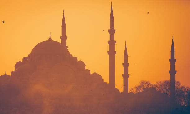 süleymaniye-moschee bei sonnenuntergang - minarett stock-fotos und bilder