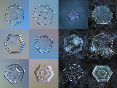 Collage with 12 macro photos of real snowflakes (hexagonal plate type), arranged as 4 x 3 grid