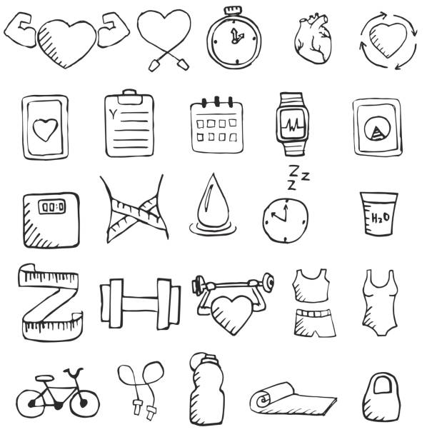 Set of hand drawn healthy lifestyle icons set. Set of hand drawn healthy lifestyle icons set. Collection healthy lifestyle design elements. gym drawings stock illustrations