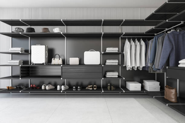 istock 3d rendering modern loft black walk in closet with shirt 648482152