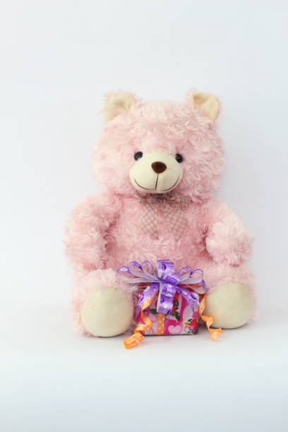 istock Pink teddy bear and gift boxes on a white background. 648482292