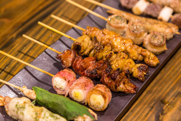 various kind of traditional japanese bbq grilled chiken - Yakitori. stock photo