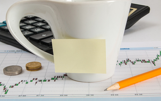 Finance chart on white background with calculator, pencils, sticker copy space and cup of coffee an office desk at morning