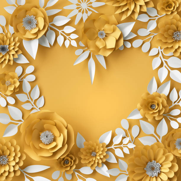 istock 3d illustration, decorative red paper flowers background, floral heart frame 648498904