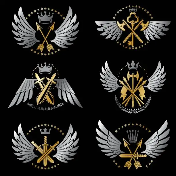Vector illustration of Vintage Weapon Emblems set. Heraldic Coat of Arms decorative emblems isolated vector illustrations collection.
