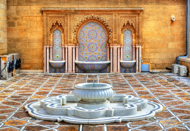 fontana del mausoleo di mohammed v a rabat, marocco - moschea hassan ii foto e immagini stock