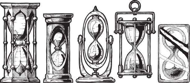 Set of different sandglass. Set of different hourglass in old fashioned etched style. Black and white vector illustration isolated on white. watch cartoon gold illustration and painting stock illustrations