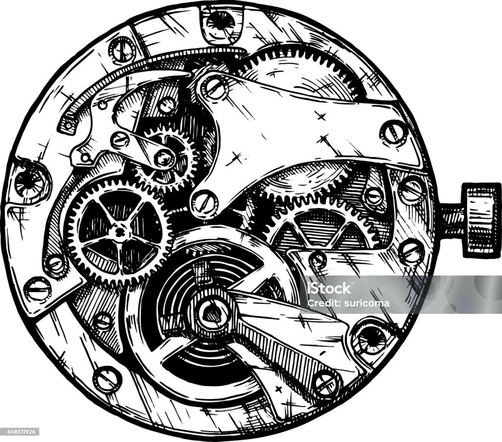 Vector illustration of clockwork Vector ink hand drawn illustration of clockwork. Black and white. isolated on white. Gear - Mechanism stock vector