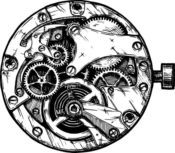 Vector illustration of clockwork Vector ink hand drawn illustration of clockwork. Black and white. isolated on white. clock clipart stock illustrations