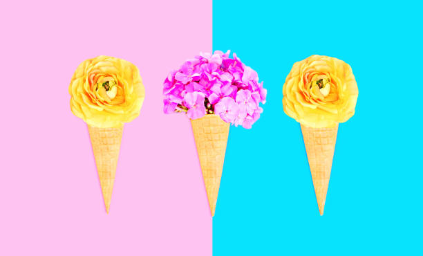 istock Three ice cream cone with flowers over pink blue colorful background top view 648521142