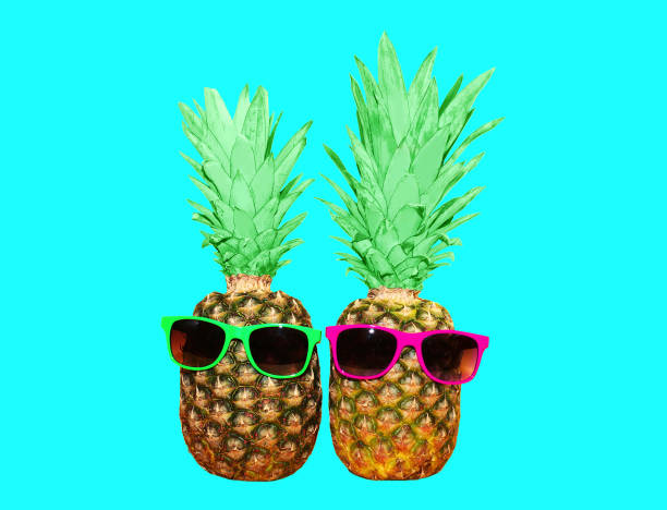 istock Two pineapple with sunglasses on blue background, colorful ananas photo 648521178