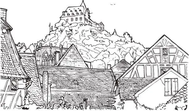 Vector illustration of coloring book illustration of old village.