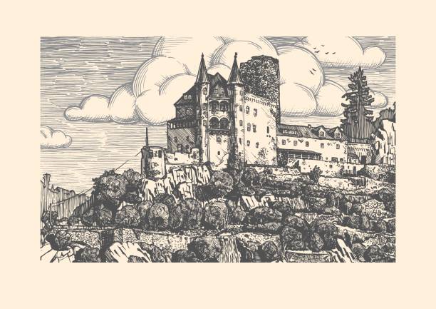 ilustrações de stock, clip art, desenhos animados e ícones de engraved vector illustration of medieval castle. - rhine gorge