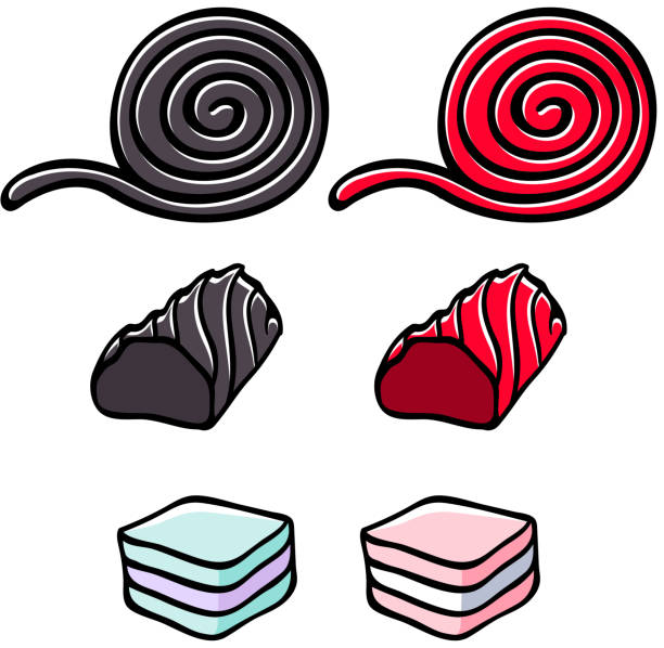 illustrazioni stock, clip art, cartoni animati e icone di tendenza di le caramelle di liquirizia e marshmallow impostano illustrazione vettoriale - fat layer