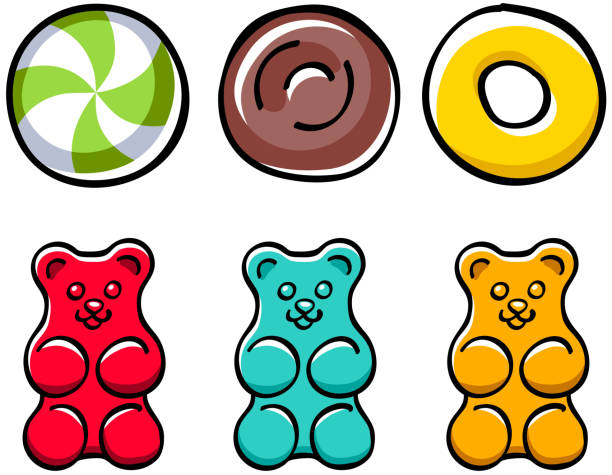 Colorful hard candies and gummy bears set Colorful hard candies and gummy bears set. Peppermint candy, jelly bear and toffee - hand drawn doodle sketch style. gummi bears stock illustrations