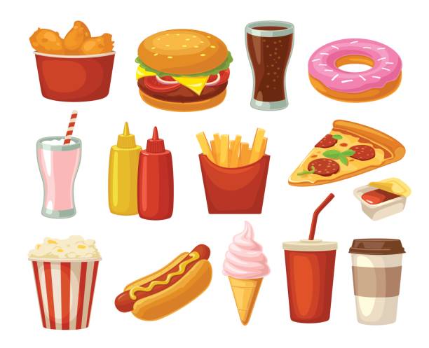 set-fast-food-symbol. tasse cola, hamburger, pizza, gebratene hähnchenschenkel - speisen oder getränke zum mitnehmen stock-grafiken, -clipart, -cartoons und -symbole