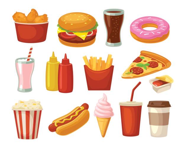 установите значок быстрого питания. чашка колы, гамбургер, пицца жареные куриные ножки - hot dog snack food ketchup stock illustrations