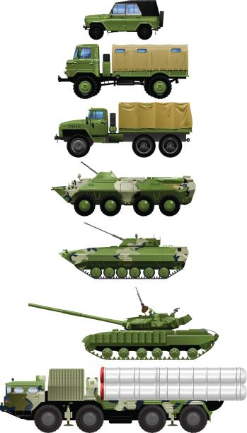 set of military vehicles. Photo realistic vector illustration set of different modern and vintage military vehicles. isolated on white background. armored truck stock illustrations