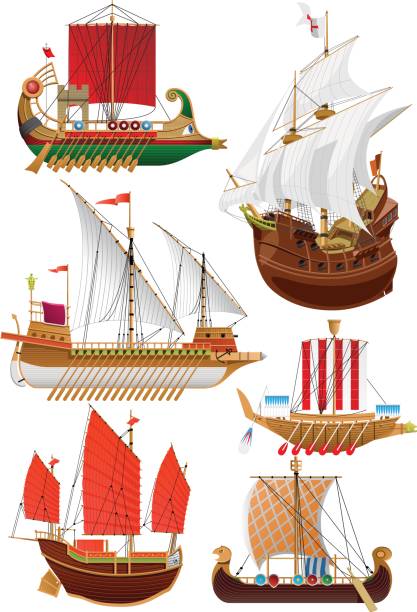 illustrazioni stock, clip art, cartoni animati e icone di tendenza di set di barche a vela vintage - classical greek greek culture roman greece