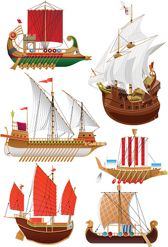 Vector illustration set of vintage sailing ships. phoenician ship - bireme, galleon, galley, chinese ship - junk, viking ship - drakkar. isolated on white.