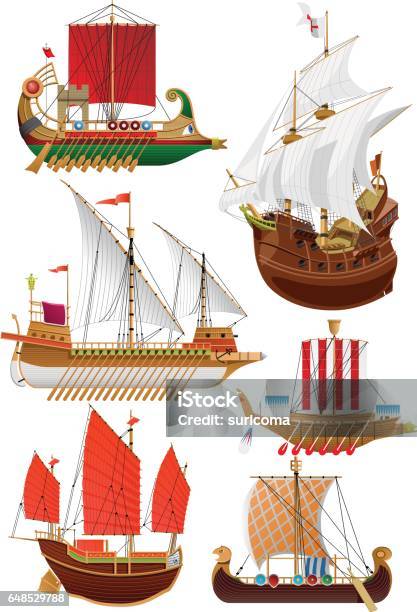 Set Of Vintage Sailboats Stock Illustration - Download Image Now - Ship, Phoenicia - Ancient Civilization, Nautical Vessel