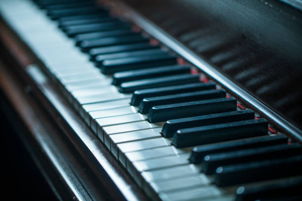 istock Close-up of an old piano keyboard 648532158