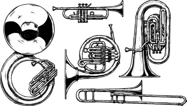 brass musical instrument Vector hand drawn set of brass musical instruments. Sousaphone, trumpet, french horn, tuba and trombone. bass instrument stock illustrations