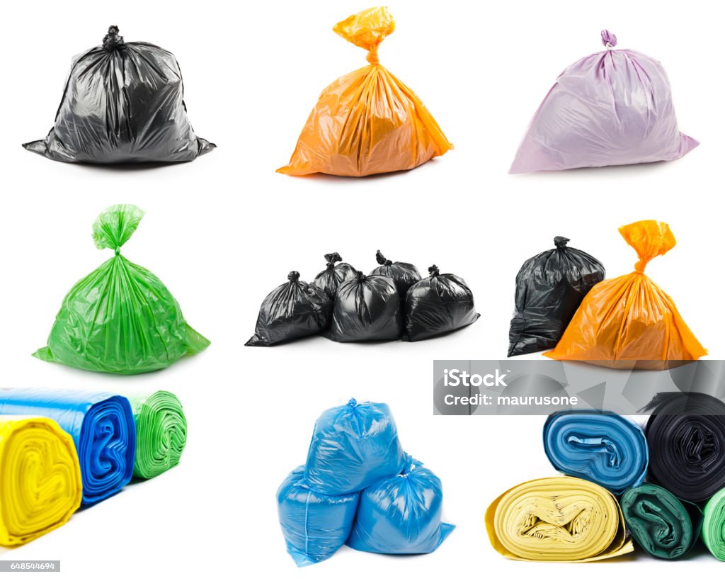 Collage of garbage bags A set of colored garbage bags isolated on white background. Collage of garbage bags."r"n Garbage Stock Photo