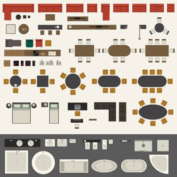 ilustraciones, imágenes clip art, dibujos animados e iconos de stock de set de muebles - plan house home interior planning