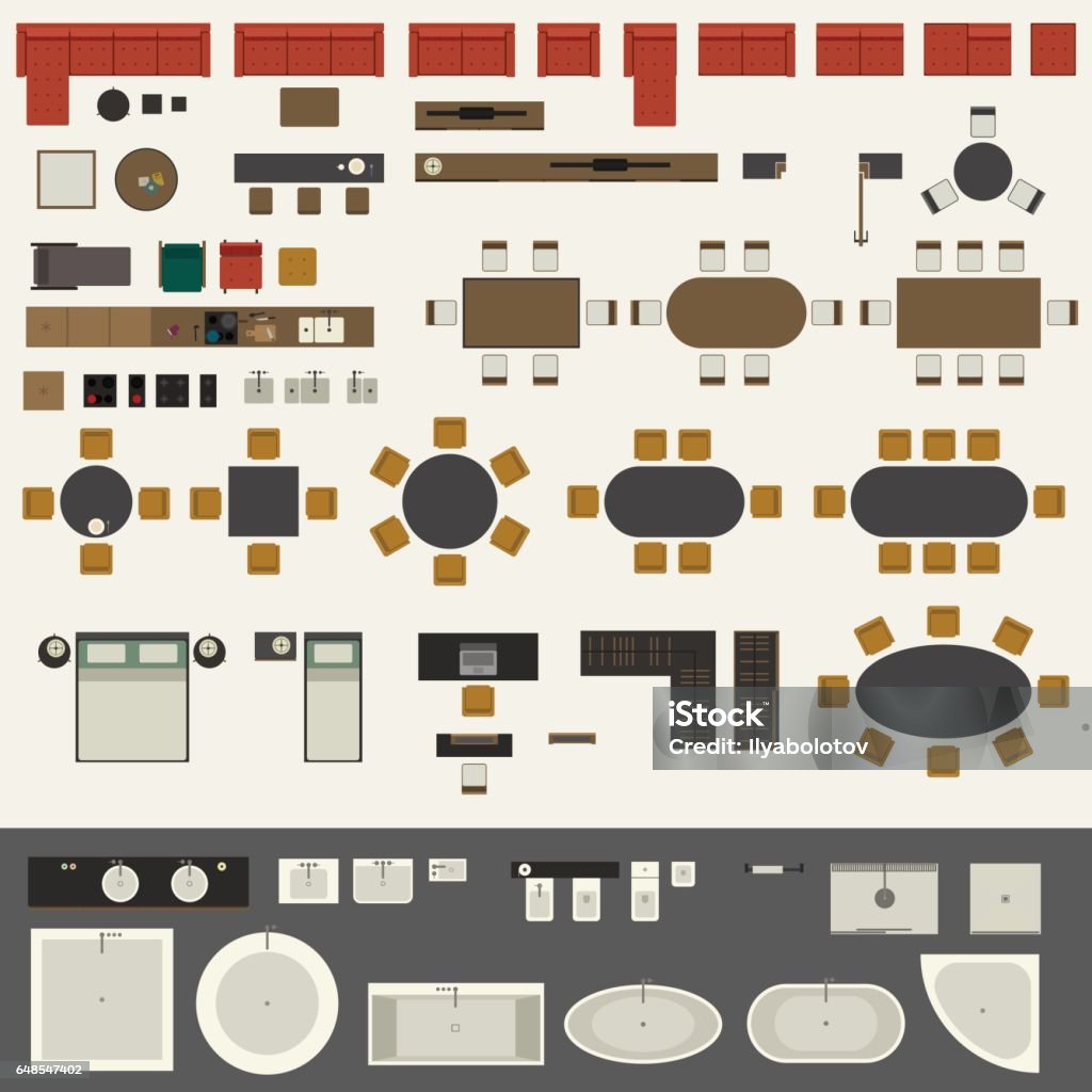 Furniture set Icons set of interior elements, top view. Furniture and elements for living room, kitchen, bedroom, bathroom. High Angle View stock vector