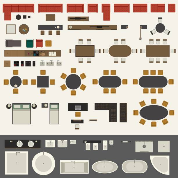 Furniture set Icons set of interior elements, top view. Furniture and elements for living room, kitchen, bedroom, bathroom. kitchen drawings stock illustrations