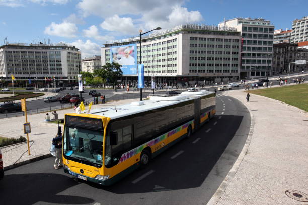 Lisbon, Portugal - 2 March 2020: Carris Bus at the Praca do Comercio