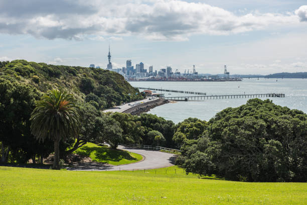 auckland city panorama with road and yachts. new zealand - 3679 imagens e fotografias de stock