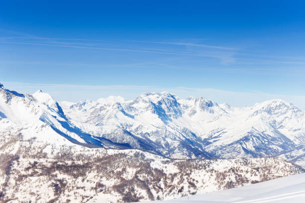 Beautiful panoramic view of snowcapped mountains at sunny winter day