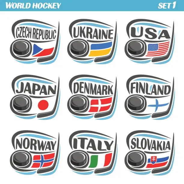 Vector illustration of Vector set Flags of European Countries with Ice Hockey Puck