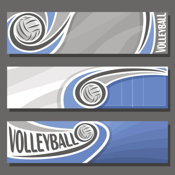Vector set horizontal Banners for Volleyball Vector set horizontal Banners for Volleyball: 3 cartoon covers for title text on volleyball theme, blue sporting court with fly ball, abstract simple headers banner for inscriptions on grey background volleyball tournament stock illustrations