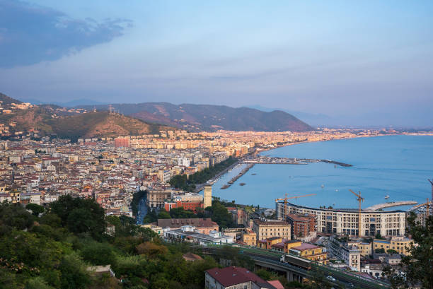 aerial view of salerno at sunset - salerno imagens e fotografias de stock