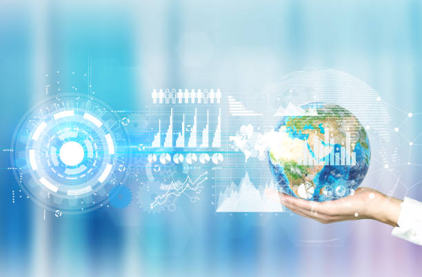 istock Close up of woman’s hand with a globe, blue 648573100