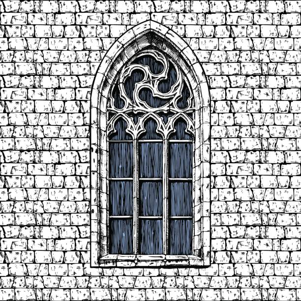 готическое окно у стены - gothic style castle church arch stock illustrations