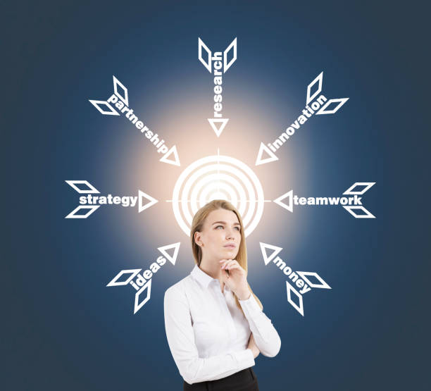 istock Blond woman near target with white arrows 648576580
