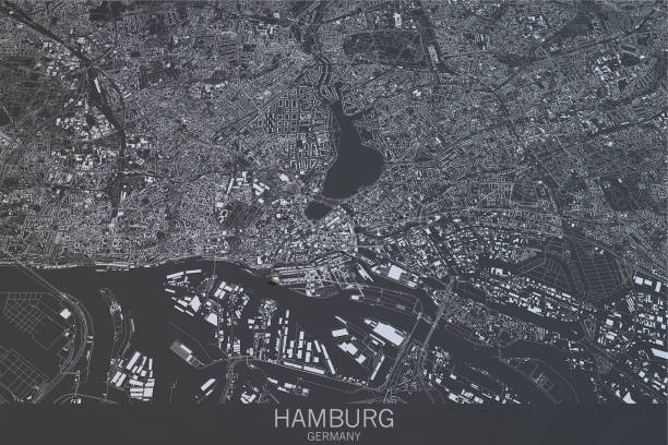 hamburg karte, satellitenbild, city, deutschland. 3d-rendering - hamburg stock-grafiken, -clipart, -cartoons und -symbole