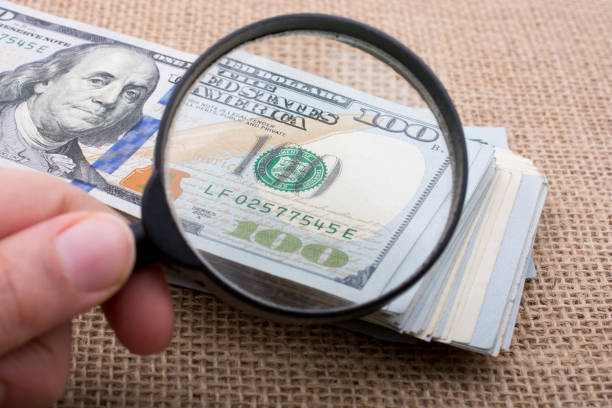 istock Magnifying glass over the banknote bundle of US dollar 648585186