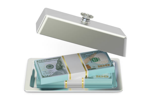 istock Restaurant cloche with packs of dollars, 3D rendering 648594866