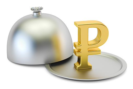 Restaurant cloche with gold ruble symbol, 3D rendering
