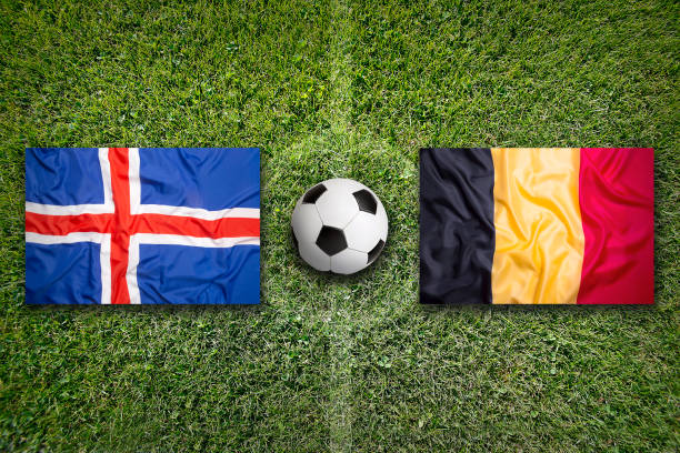 istock Iceland vs. Belgium flags on soccer field 648599392