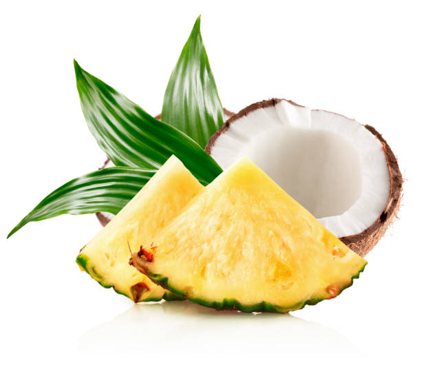 pineapple slices and half of coconut isolated