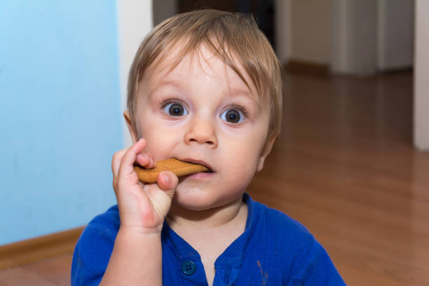 istock Cute baby is eating snack 648602862