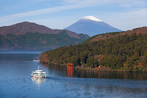 Beautiful Lake ashi and mt. Fuji in autumn season