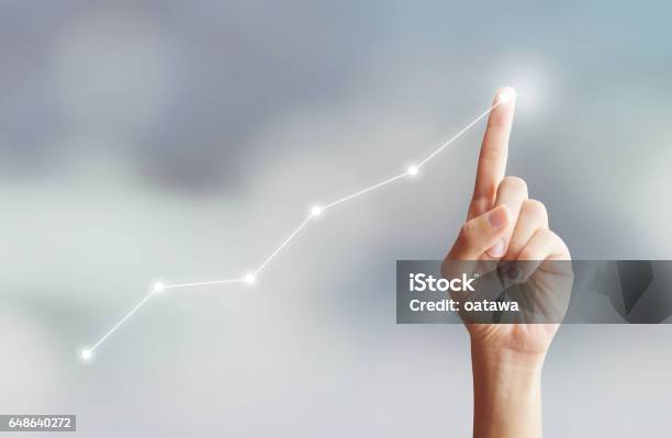 Hand Touching Graph Moving Up With Plan Growing Stock Photo - Download Image Now - Growth, Efficiency, Business