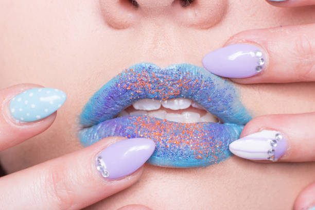mouth open closeup, hand manicure nails